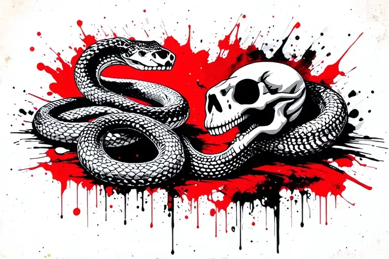 The skeleton of a snake and a snake look at each other tattoo design idea