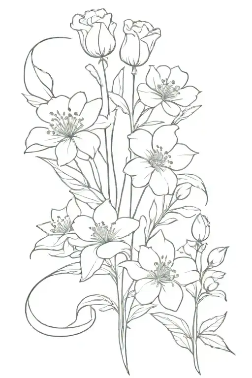 Simple March April July birth flower bouquet fine line tattoo design idea