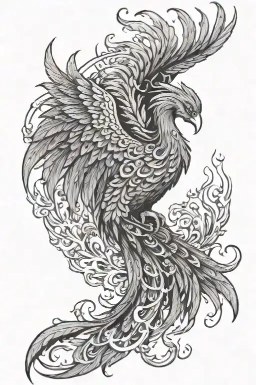 phoenix with detailed feathers and intricate fire around its body and wings with the sun in the background tattoo design idea