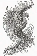 phoenix with detailed feathers and intricate fire around its body and wings with the sun in the background tattoo design idea