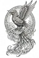phoenix with detailed feathers and intricate fire around its body and wings with the sun in the background tattoo design idea