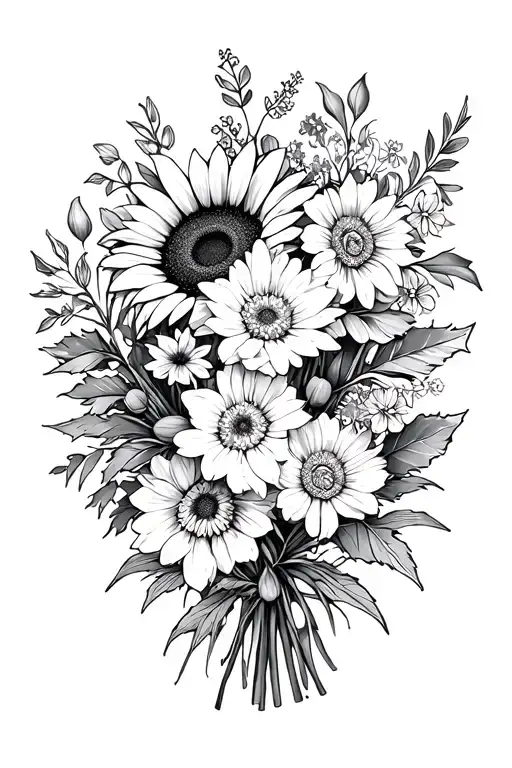 simple fine line bouquet with sunflower, carnation, narcissus, holly, delphinium, gladiolus with no shading tattoo design idea