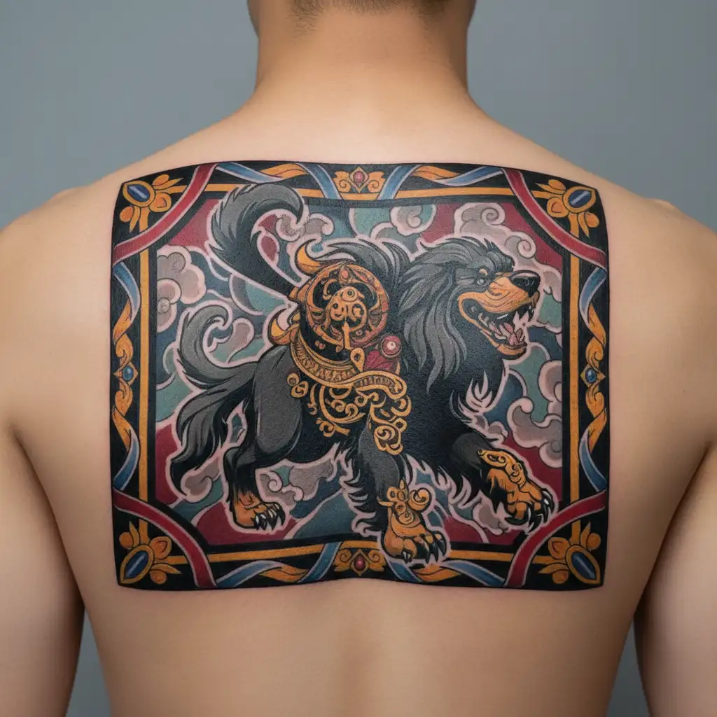 dark style ferocious tibetan mastiff tattoo design idea