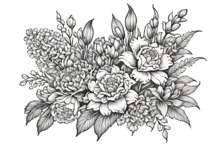bouquet of carnations, snowdrops, crysanthemums, delphinium and water lilys tattoo design idea