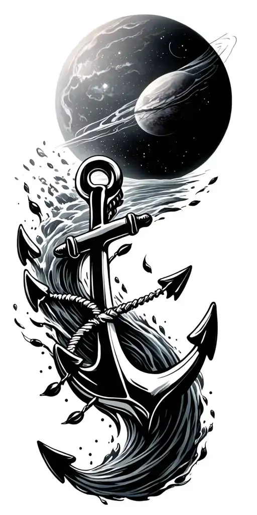 anchor surrounded by sea flowing up into space  tattoo design idea