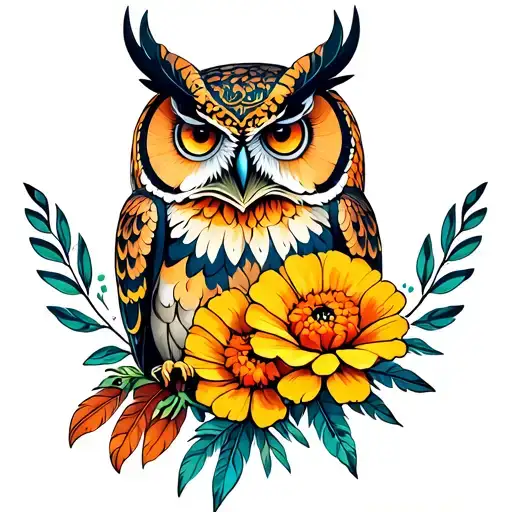 Cosmos And Marigold with great horned owl feathers tattoo design idea