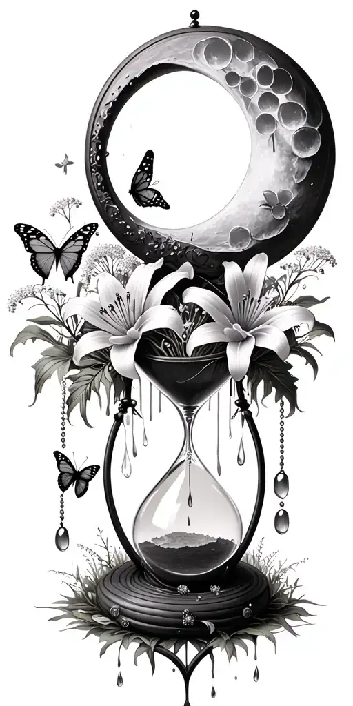 An hourglass moon dream catcher filled with lilies and butterflies Queen Anne's lace  nature tears broken depressed tattoo design idea