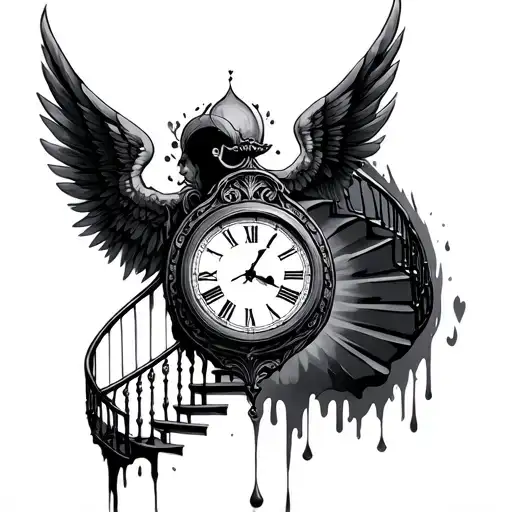 clock melting, wings spread, spiral staircase, love, death tattoo design idea