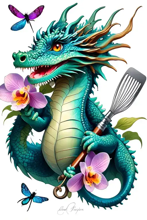 Dragon holding a whisk and spatula, surrounded by orchids and dragonflies tattoo design idea