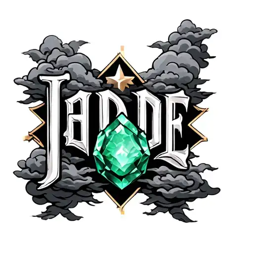 stars surrounded the name jade with a jade stone and clouds  tattoo design idea