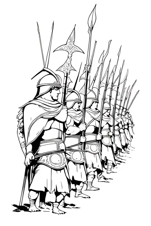 Roman legion lined for battle scene, in a line tattoo design idea