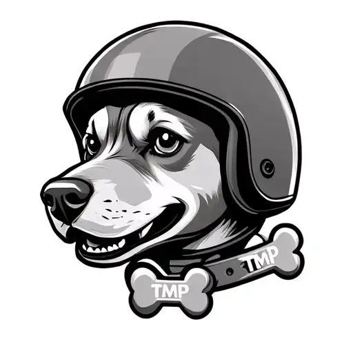 A happy but tough dogs head, wearing a motorcycle helmet. A bone shaped dog collar with the letters TMP on it. oldschool tattoo design idea