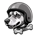 A happy but tough dogs head, wearing a motorcycle helmet. A bone shaped dog collar with the letters TMP on it. oldschool tattoo design idea