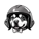 A happy but tough dogs head, wearing a motorcycle helmet. A bone shaped dog collar with the letters TMP on it. oldschool tattoo design idea