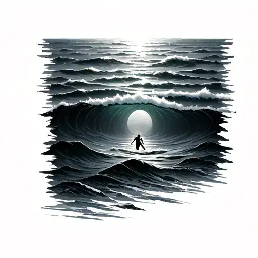 A serene ocean scene with gentle waves, and just beneath the surface, a faint silhouette of a person drifting downward.  tattoo design idea