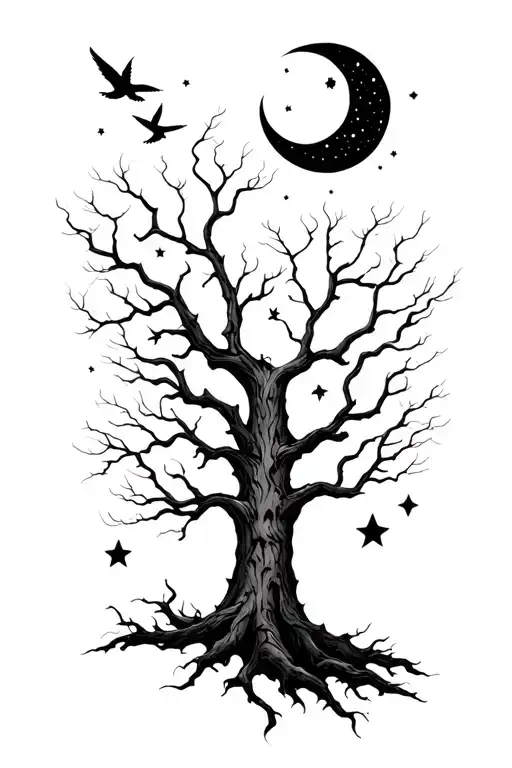 tree with no leaves, birds, big stars, moon tattoo design idea