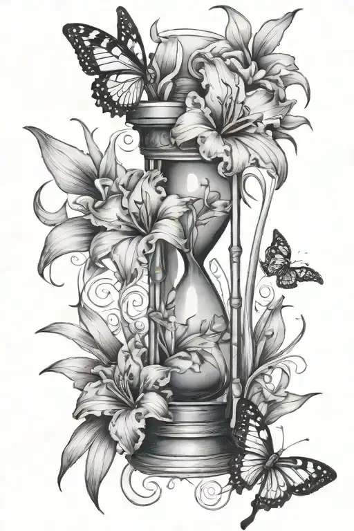 gladiolus flower and hourglass combined with butterflies  tattoo design idea