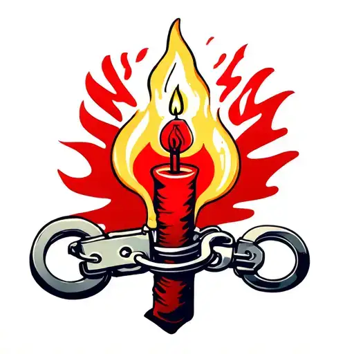 a red candle that has a light bulb that is not on instead of a flame on it and a handcuff going around the wrist tattoo design idea