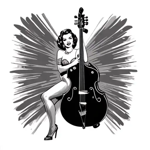 pin-up with rockabilly double bass guitar surrounded old school tattoo design idea