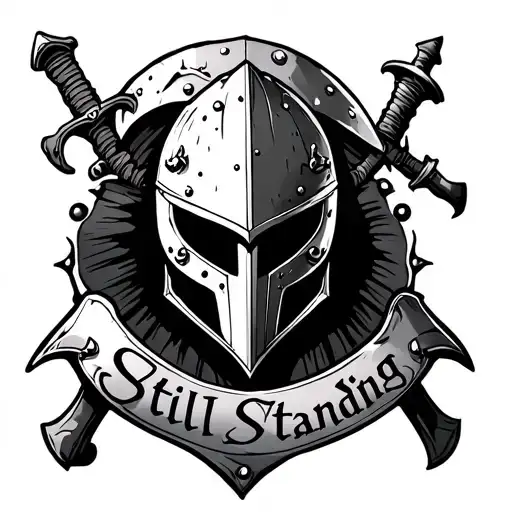 Helmet, shield, sword, breastplate, but all scuffed and dented. Maybe with a banner that says “Still Standing tattoo design idea