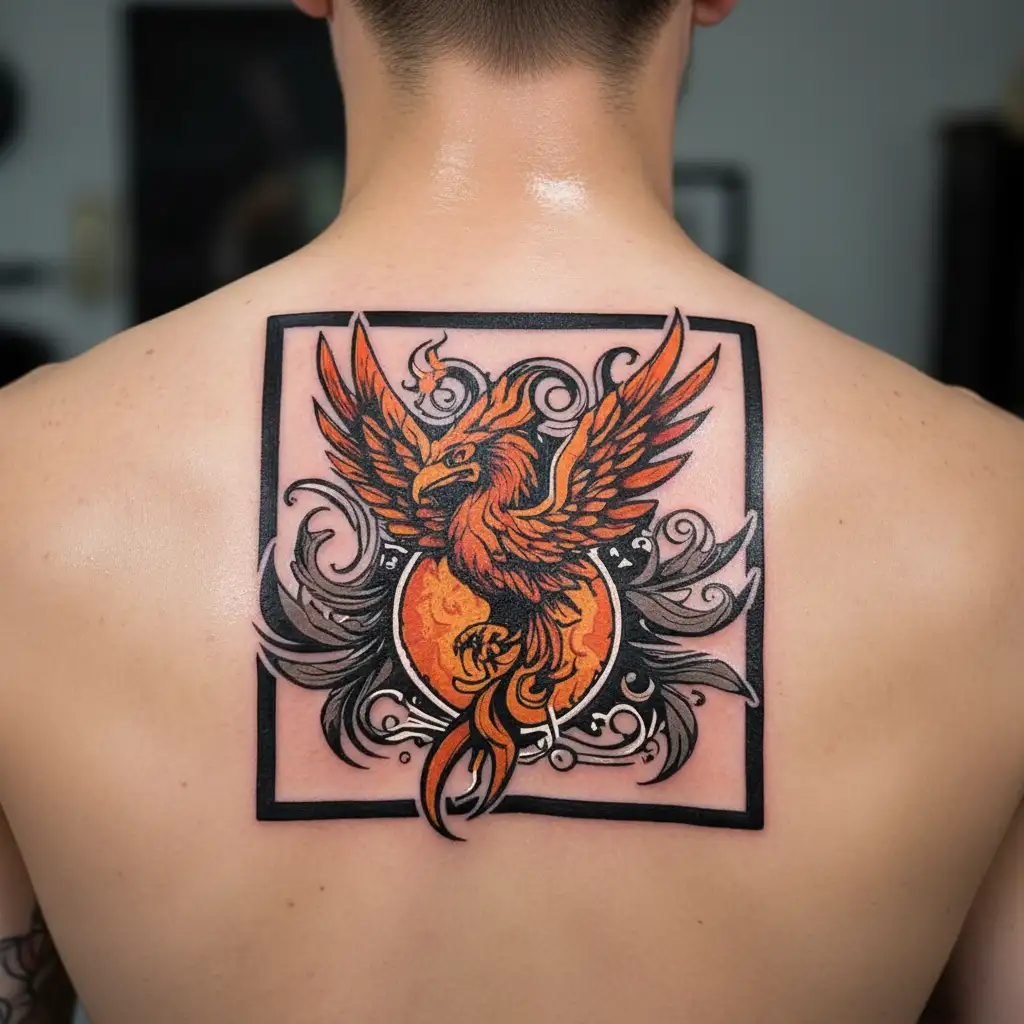 the phoenix bird is on fire, and it looks with two eyes at the camera, and its big wings are on the left and on the righ tattoo design idea