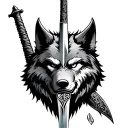 viking sword aligned with the spine of my back. In front of the sword, there is aN ANGRY WOLF RELISTIC face tattoo design idea