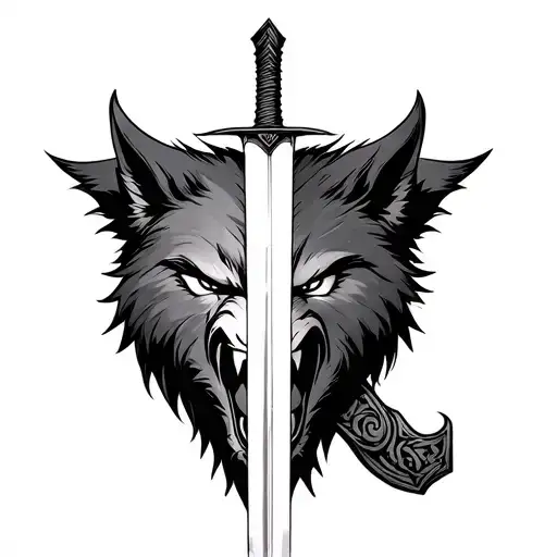 viking sword aligned with the spine of my back. In front of the sword, there is aN ANGRY WOLF RELISTIC face tattoo design idea