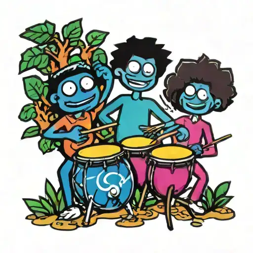 three stick figures playing bongos around a bush   tattoo design idea