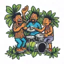 three stick figures playing bongos around a bush   tattoo design idea