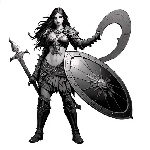 Warrior girl with shield in her hand and a bay tia. tattoo design idea