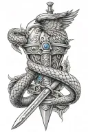 sword as a cross with a snake going up the blade with a roman helmet on top of handle with a blue jay sitting on it tattoo design idea
