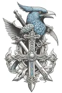 sword as a cross with a snake going up the blade with a roman helmet on top of handle with a blue jay sitting on it tattoo design idea