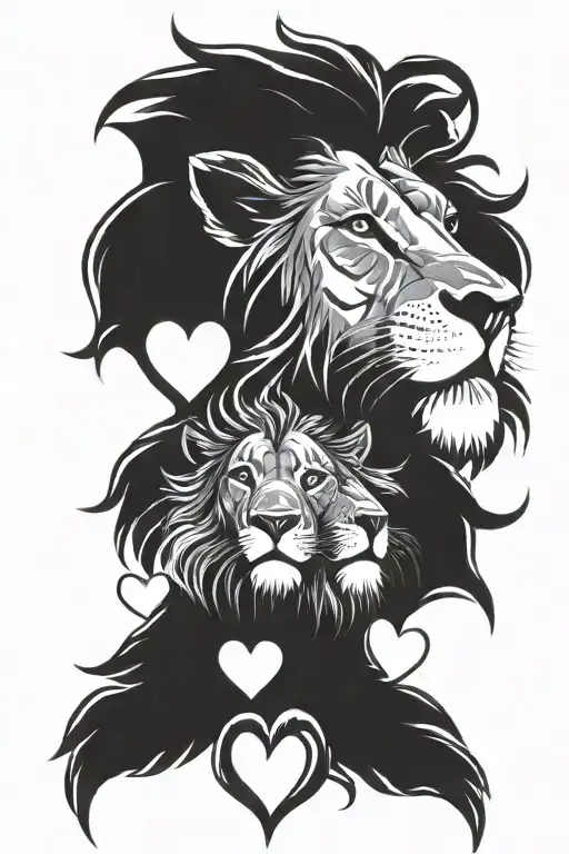 a lion with his head looking forward and his claws outstretched and wrapping around four hearts tattoo design idea
