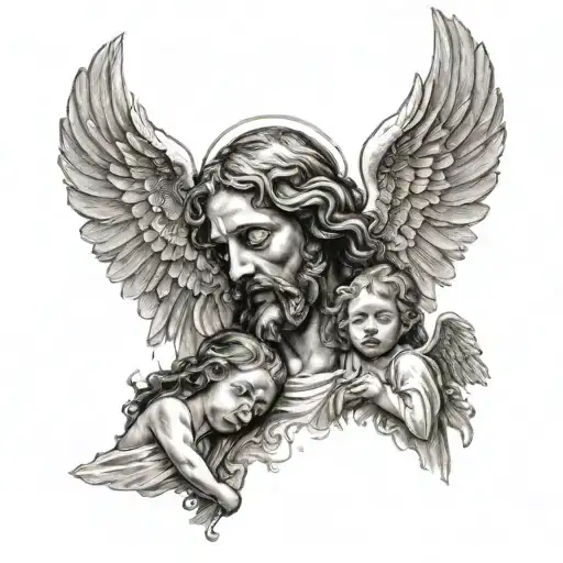 four Angel crying to Jesus tattoo design idea