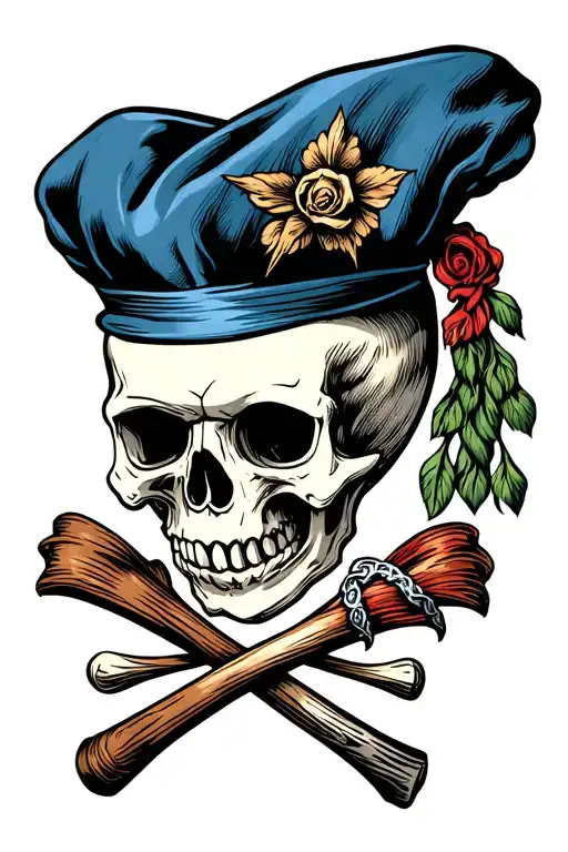 skull with skull cap with crossed shillelagh  tattoo design idea