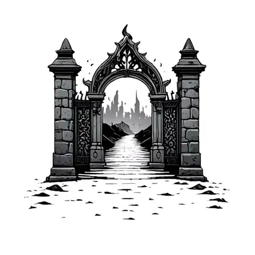 Gate of hell stone path leading tattoo design idea