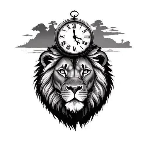 I want a lion's head with a broken clock on top and a savannah setting below tattoo design idea