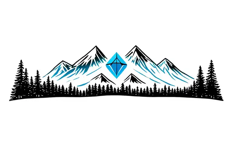 Forest and mountains, with blue snow, two gems intertwined tattoo design idea