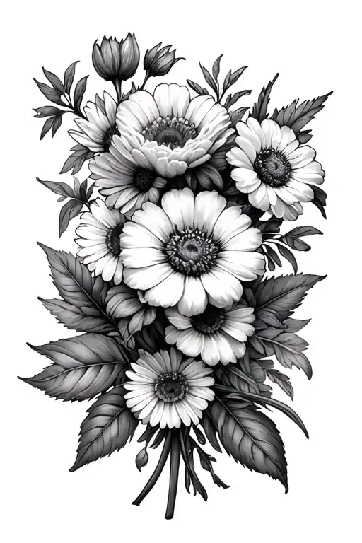 birth flower bouquet: June, August, November, January, and April tattoo design idea