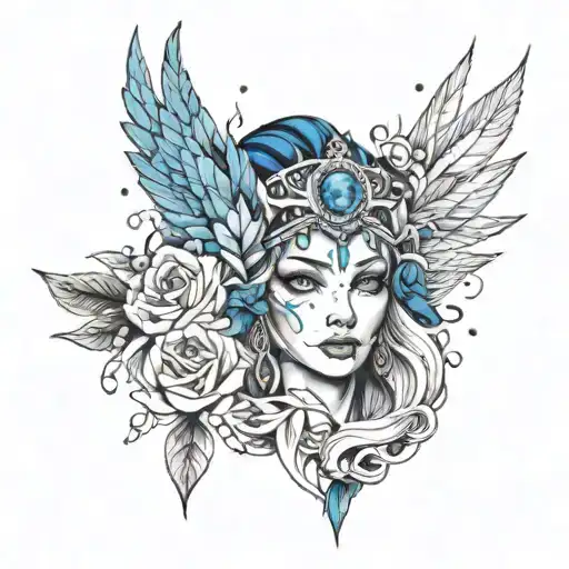 Ice themed fore arm tattoo symbolizing life with a feminine face and animal headdress using black, blue and white only tattoo design idea