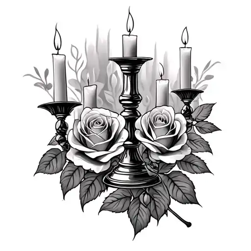Give me a half sleeve tattoo of a lit candlestick with roses in the background tattoo design idea