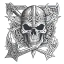 skull along with sword and axe as cross , inspired by vikings and it should contain an eagle tattoo design idea