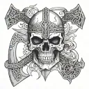 skull along with sword and axe as cross , inspired by vikings and it should contain an eagle tattoo design idea