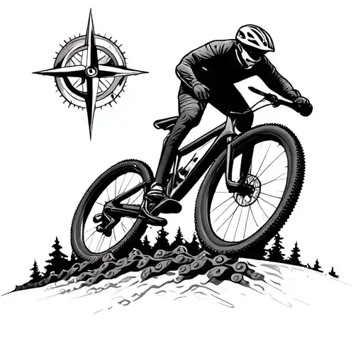 Mountain Bike going up on a bike chain with compass at top tattoo design idea