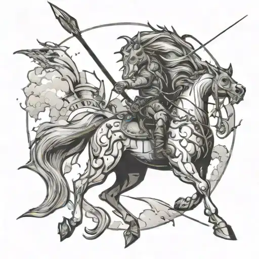 a bigger horse hit by an arrow in the sky with a dragon below it tattoo design idea
