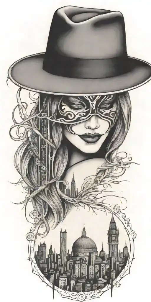 v for vendetta. hat with city skyline in the background tattoo design idea