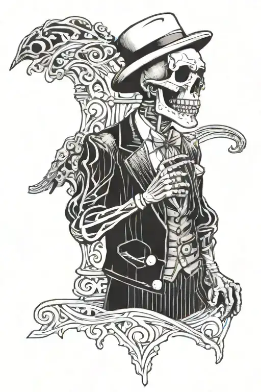 skeleton wearing a three piece suit with a frank sinatra hat on tattoo design idea