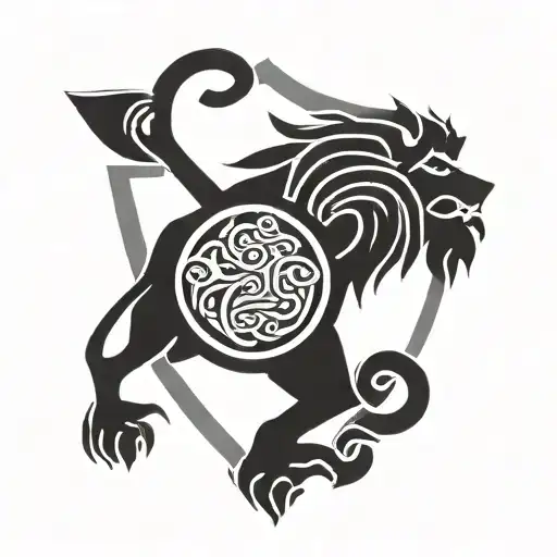 celtic lion guarding a shield crossed tattoo design idea