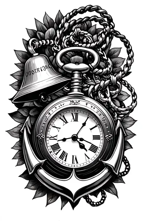 Navy anchor, pocket watch, small bell, dog tags tattoo design idea