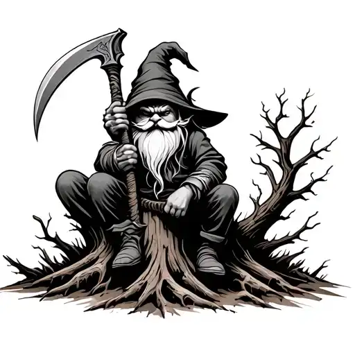 Evil Redcap Gnome Sitting on Rotting Tree Stump holding a hand Scythe as a weapon Back of hand tattoo fade for knuckles tattoo design idea